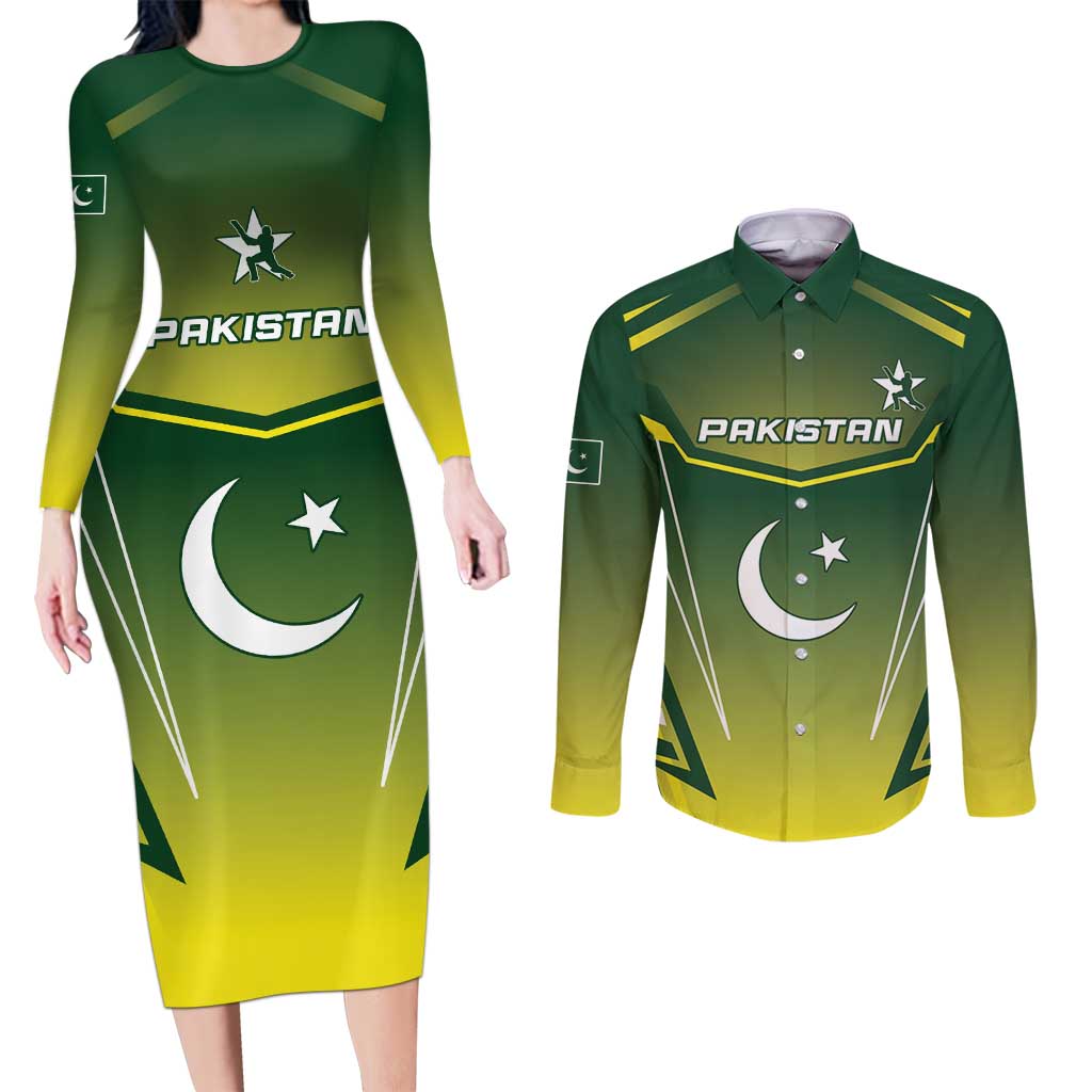 Custom Pakistan Cricket Couples Matching Long Sleeve Bodycon Dress and Long Sleeve Button Shirt Go Shaheens - Wonder Print Shop