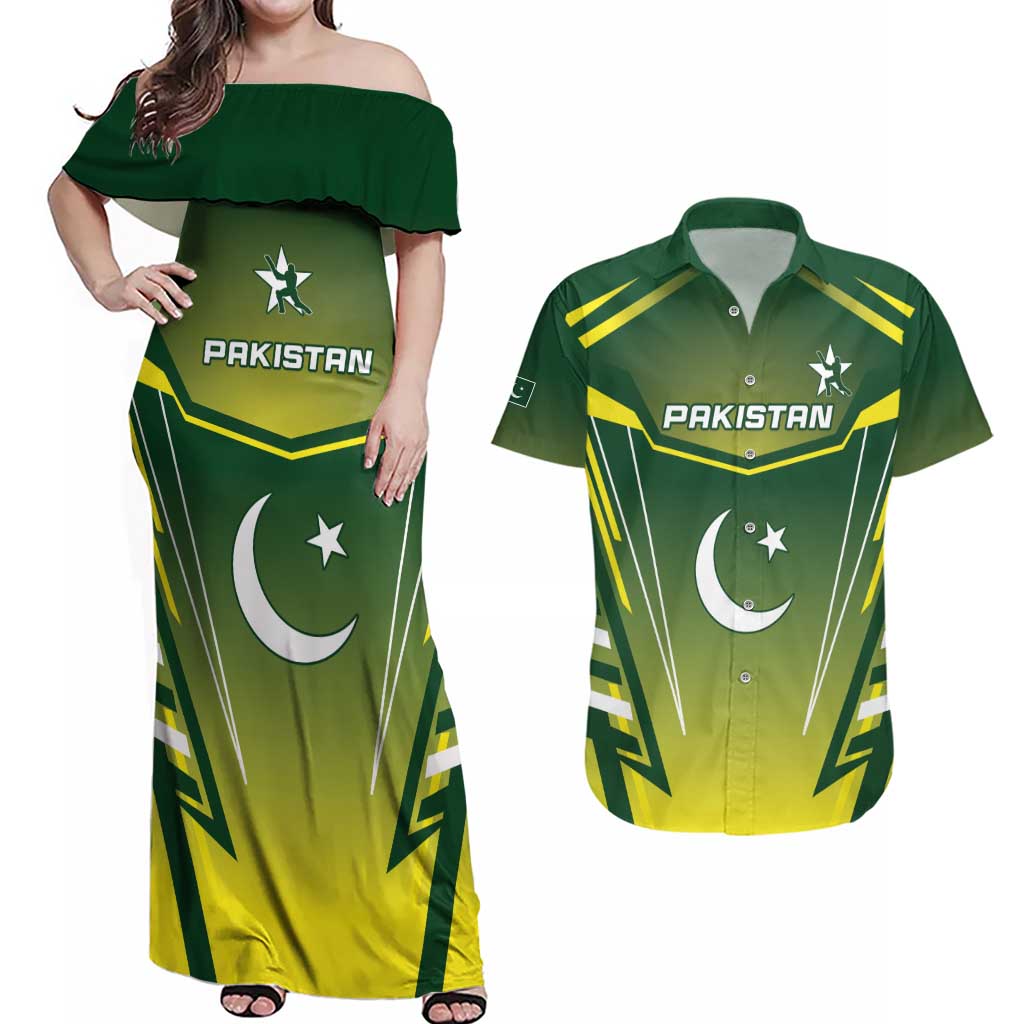 Custom Pakistan Cricket Couples Matching Off Shoulder Maxi Dress and Hawaiian Shirt Go Shaheens - Wonder Print Shop