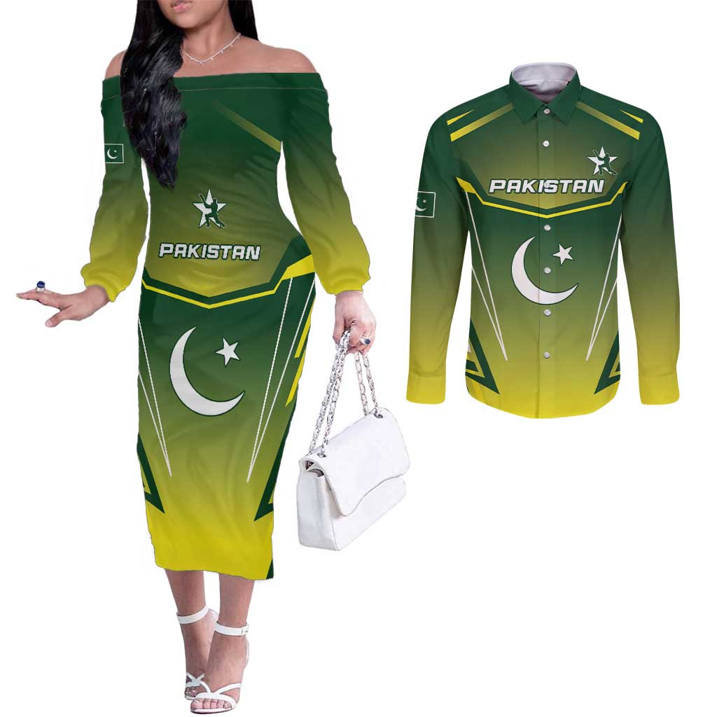 Custom Pakistan Cricket Couples Matching Off The Shoulder Long Sleeve Dress and Long Sleeve Button Shirt Go Shaheens