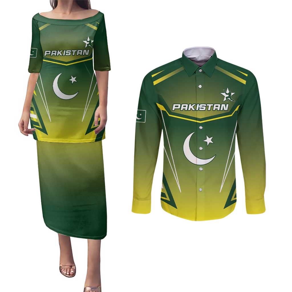 Custom Pakistan Cricket Couples Matching Puletasi and Long Sleeve Button Shirt Go Shaheens - Wonder Print Shop