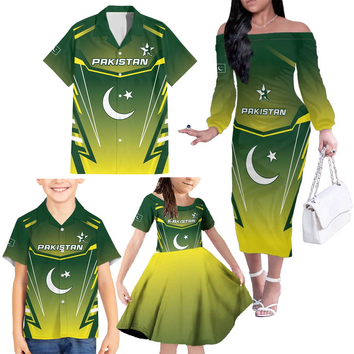 Custom Pakistan Cricket Family Matching Off The Shoulder Long Sleeve Dress and Hawaiian Shirt Go Shaheens - Wonder Print Shop