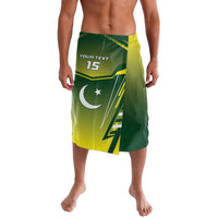 Green and yellow printed lavalava skirt with side slit and number 15 detail