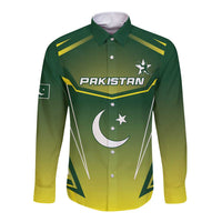 Green long-sleeve button cricket shirt with Pakistan logo, crescent moon graphic
