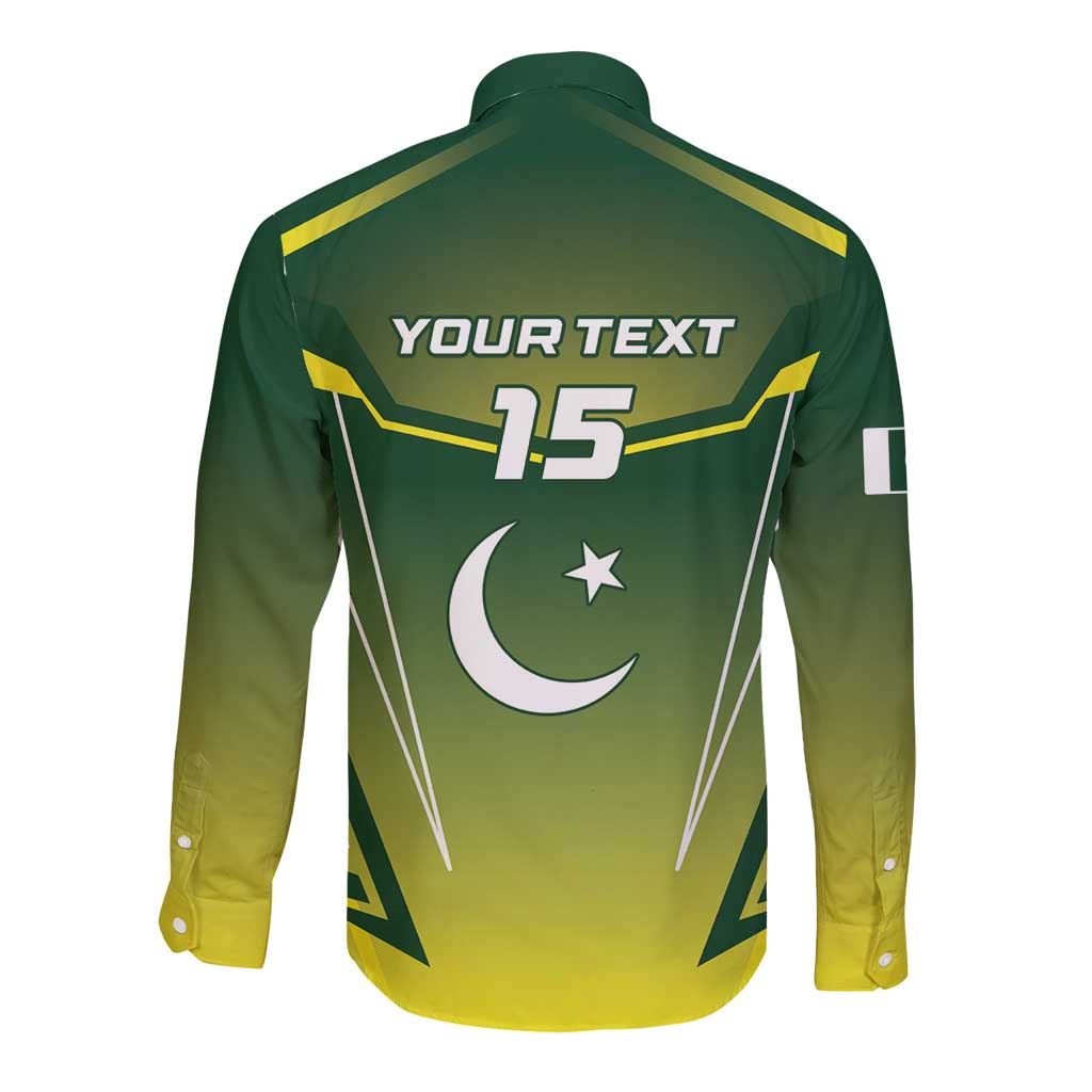 Green back view long-sleeve button cricket shirt with crescent moon and 15