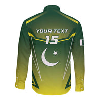 Green back view long-sleeve button cricket shirt with crescent moon and 15