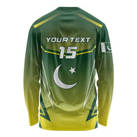 Green cricket long sleeve shirt back print: YOUR TEXT 75, crescent and star