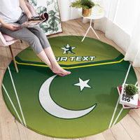Green round carpet rug with moon and star graphic and "YOUR TEXT" banner