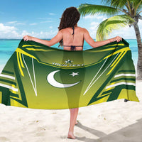 Green Pakistan cricket sarong viewed from behind with yellow lines, stars, crescent, “YOUR TEXT”