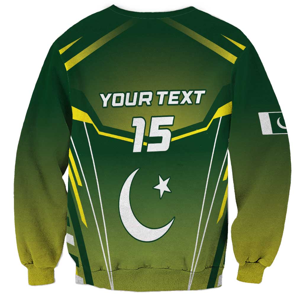 Green crewneck sweatshirt with front graphic: Your Text, 15, crescent star, cricket lines.