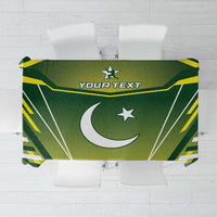 Green custom cricket tablecloth with central star and crescent emblem, geometric lines