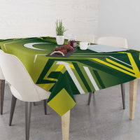 Green custom cricket tablecloth featuring star and crescent design with bold geometric shapes