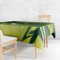 Green custom cricket tablecloth with geometric pattern and star/crescent motif on bench