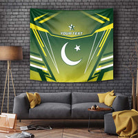 Green Pakistan cricket-themed tapestry with star, crescent, and yellow geometric design