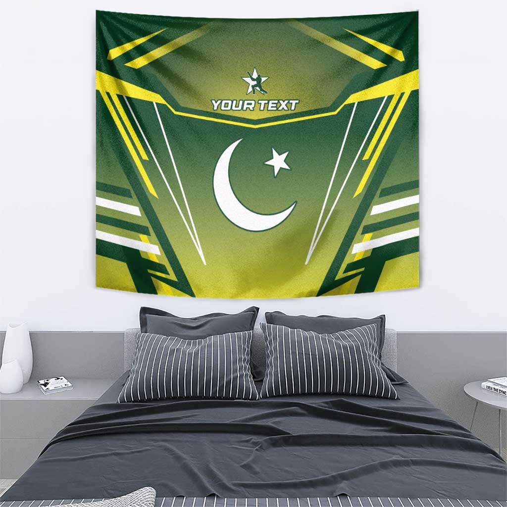 Green cricket tapestry wall hanging with crescent moon, star icons, and yellow chevron graphics