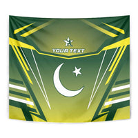 Green cricket tapestry with crescent moon, star, and yellow geometric frame design