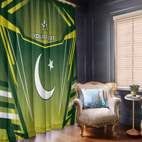 Green printed window curtains with yellow accents, crescent moon and star, custom text on fabric.