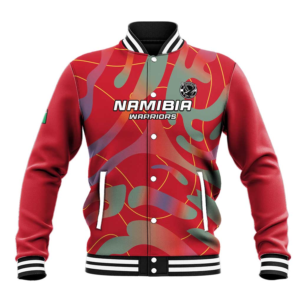 Red baseball varsity jacket with Namibia Warriors front logo and camo graphics