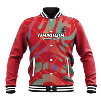 Red baseball varsity jacket with Namibia Warriors front logo and camo graphics