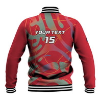 Red baseball jacket back with striped collar, YOUR TEXT, and 75 camo design