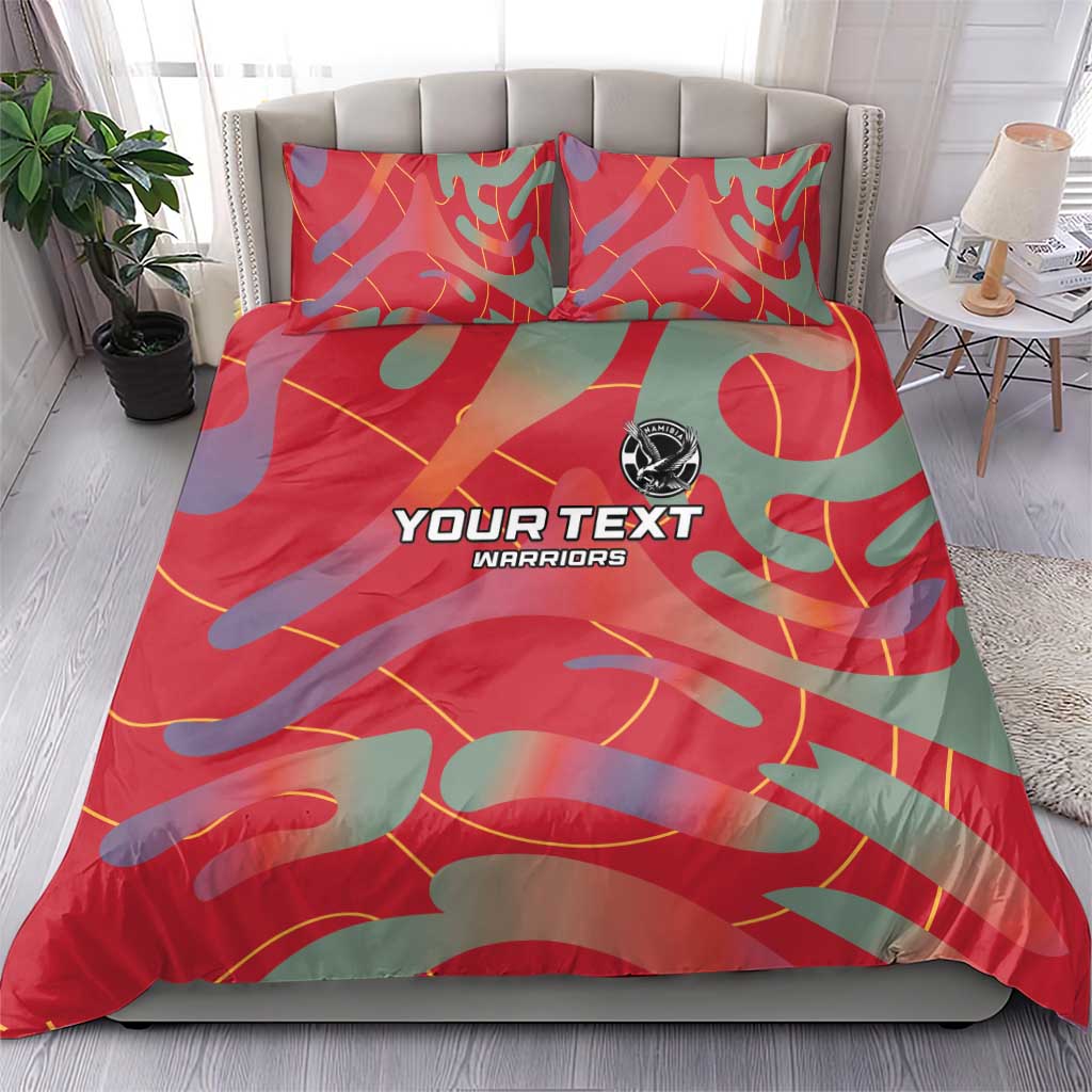 Red custom football bedding set with camo pattern, two matching pillowcases, logo badge.