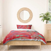 Red custom football bedding set with camo pattern, centered logo badge, two pillowcases.