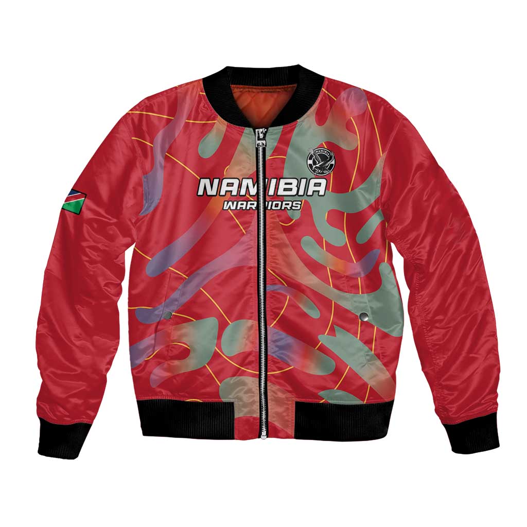 Red camo bomber jacket with front zipper, black rib trim, Namibia Warriors graphic