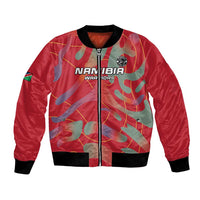 Red camo bomber jacket with front zipper, black rib trim, Namibia Warriors graphic