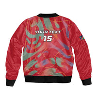 Red camo bomber jacket back with “YOUR TEXT 15” print, black rib collar and hem