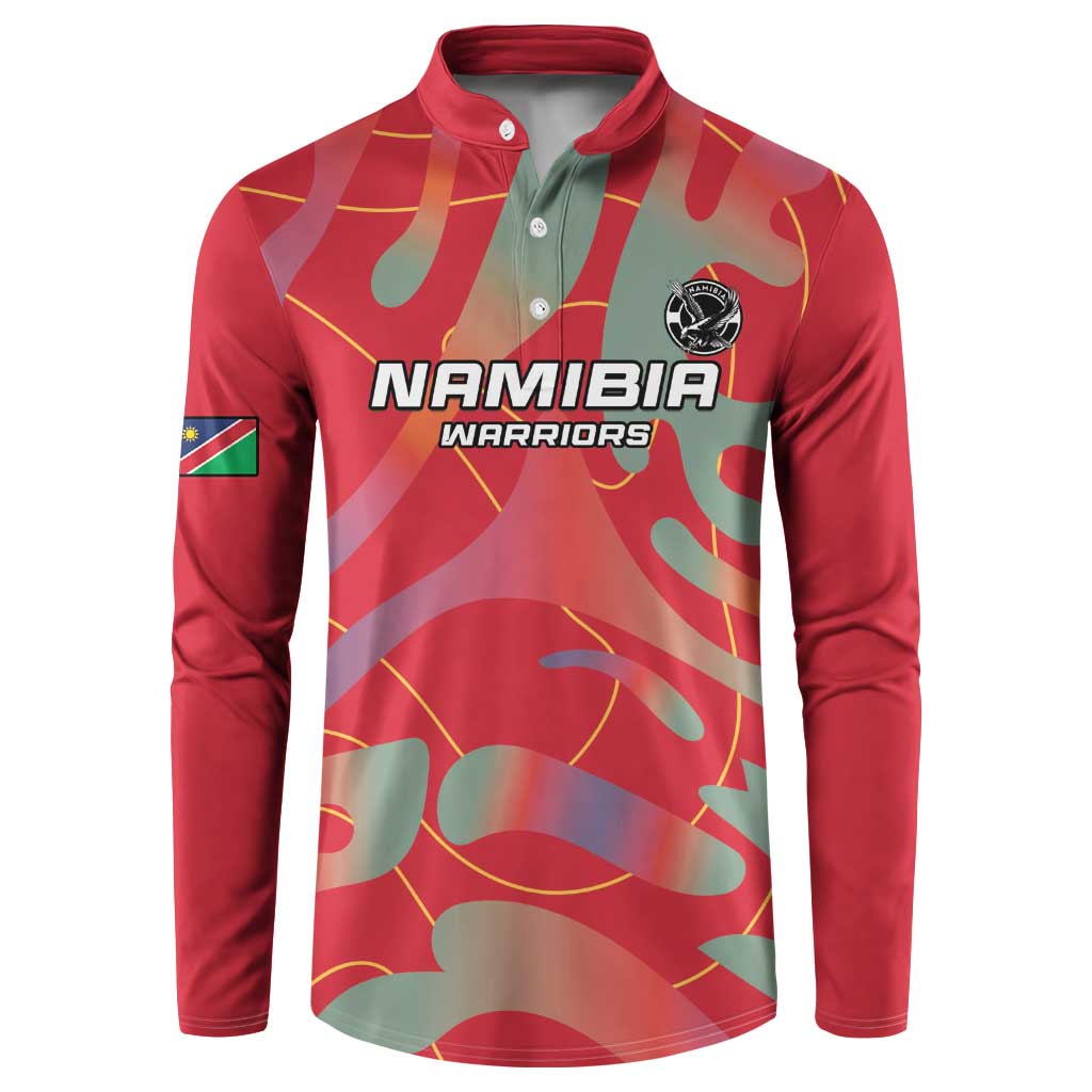 Red long-sleeve button polo sweatshirt with Namibia Warriors logo and abstract camo pattern