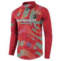 Front-view red long-sleeve button polo with Namibia Warriors crest and camo pattern