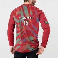 Back red long-sleeve button polo with YOUR TEXT 15 and sleeve flag patch