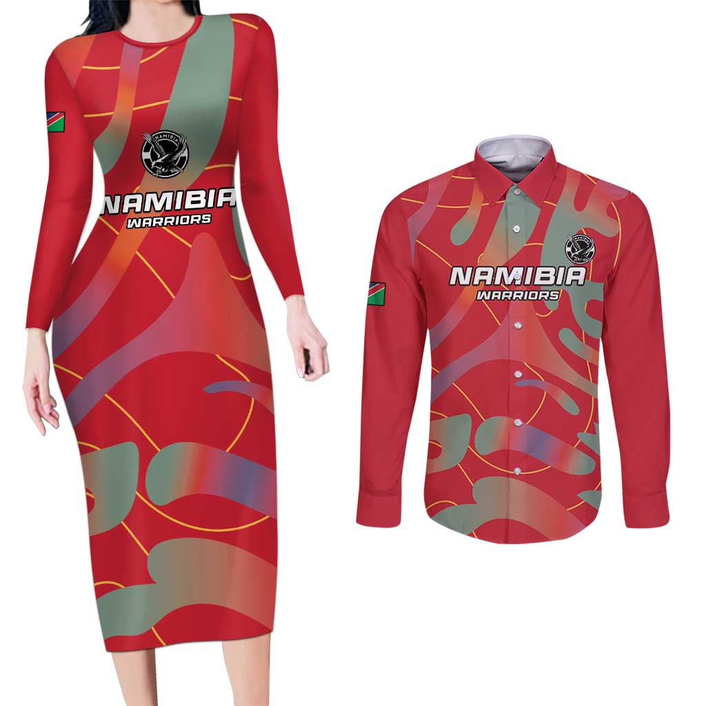 Custom Namibia Football Couples Matching Long Sleeve Bodycon Dress and Long Sleeve Button Shirt Go Namibia Warriors - Wonder Print Shop