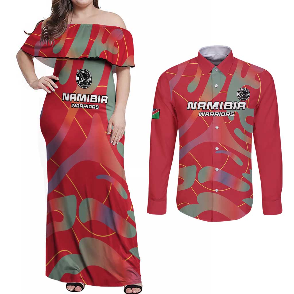 Custom Namibia Football Couples Matching Off Shoulder Maxi Dress and Long Sleeve Button Shirt Go Namibia Warriors - Wonder Print Shop