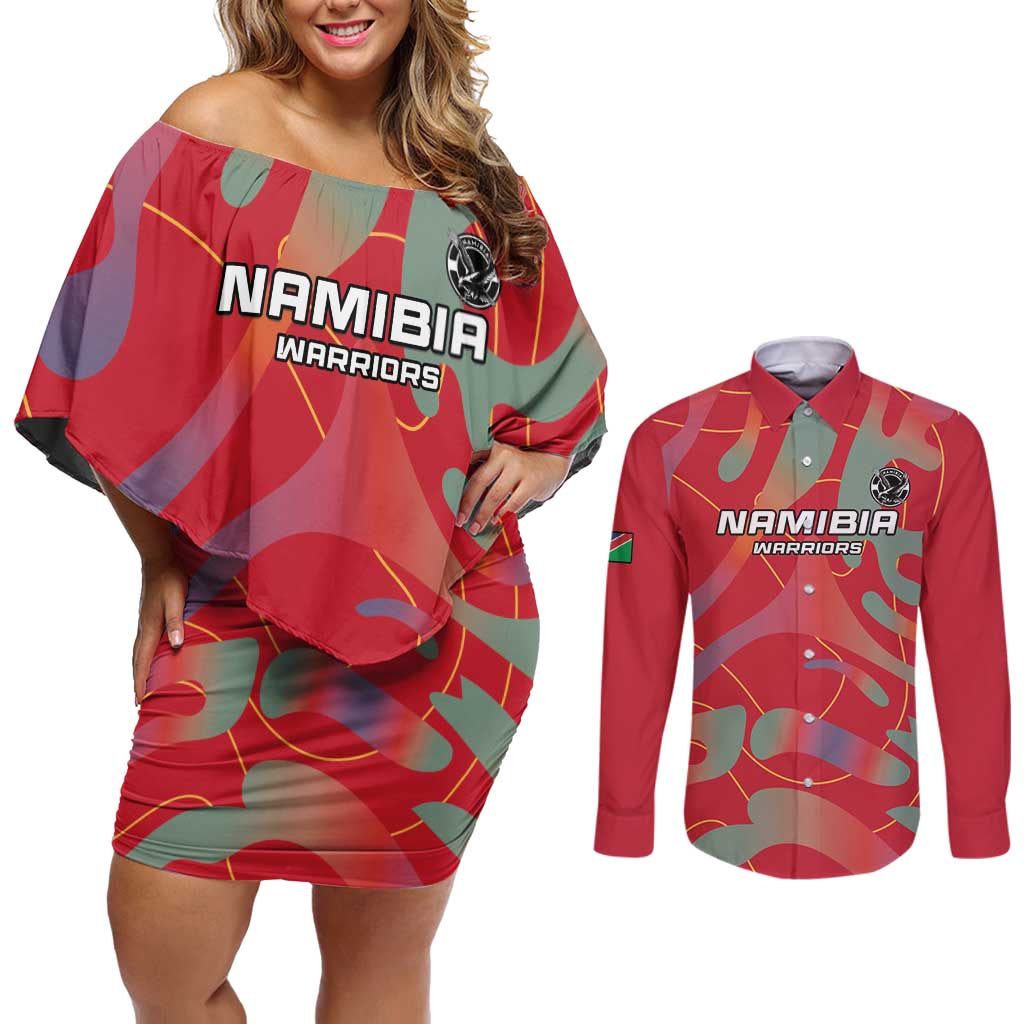 Custom Namibia Football Couples Matching Off Shoulder Short Dress and Long Sleeve Button Shirt Go Namibia Warriors - Wonder Print Shop