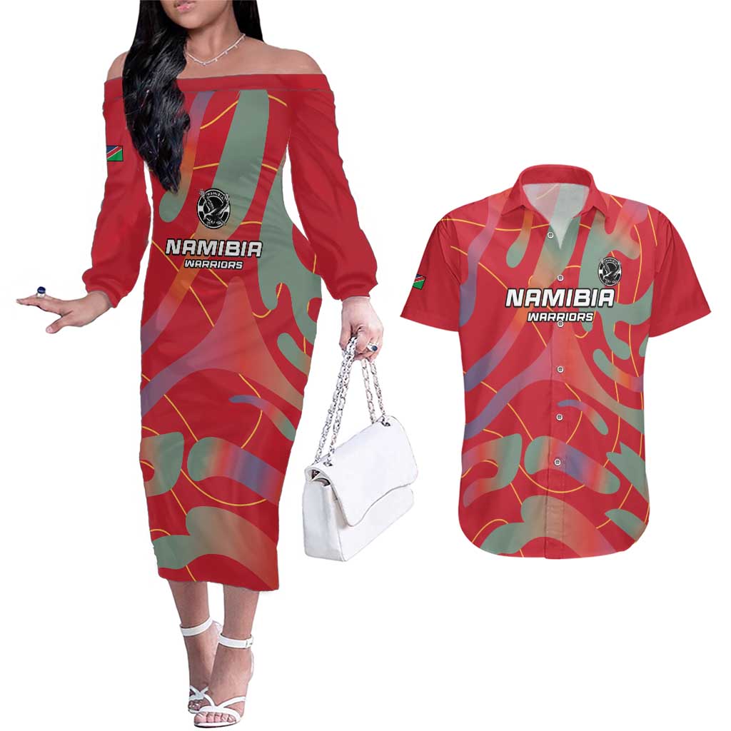 Custom Namibia Football Couples Matching Off The Shoulder Long Sleeve Dress and Hawaiian Shirt Go Namibia Warriors - Wonder Print Shop