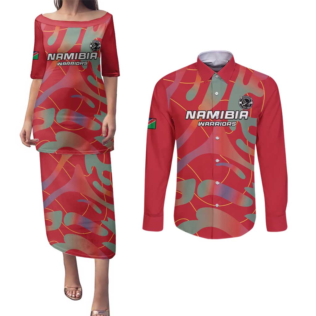 Custom Namibia Football Couples Matching Puletasi and Long Sleeve Button Shirt Go Namibia Warriors - Wonder Print Shop