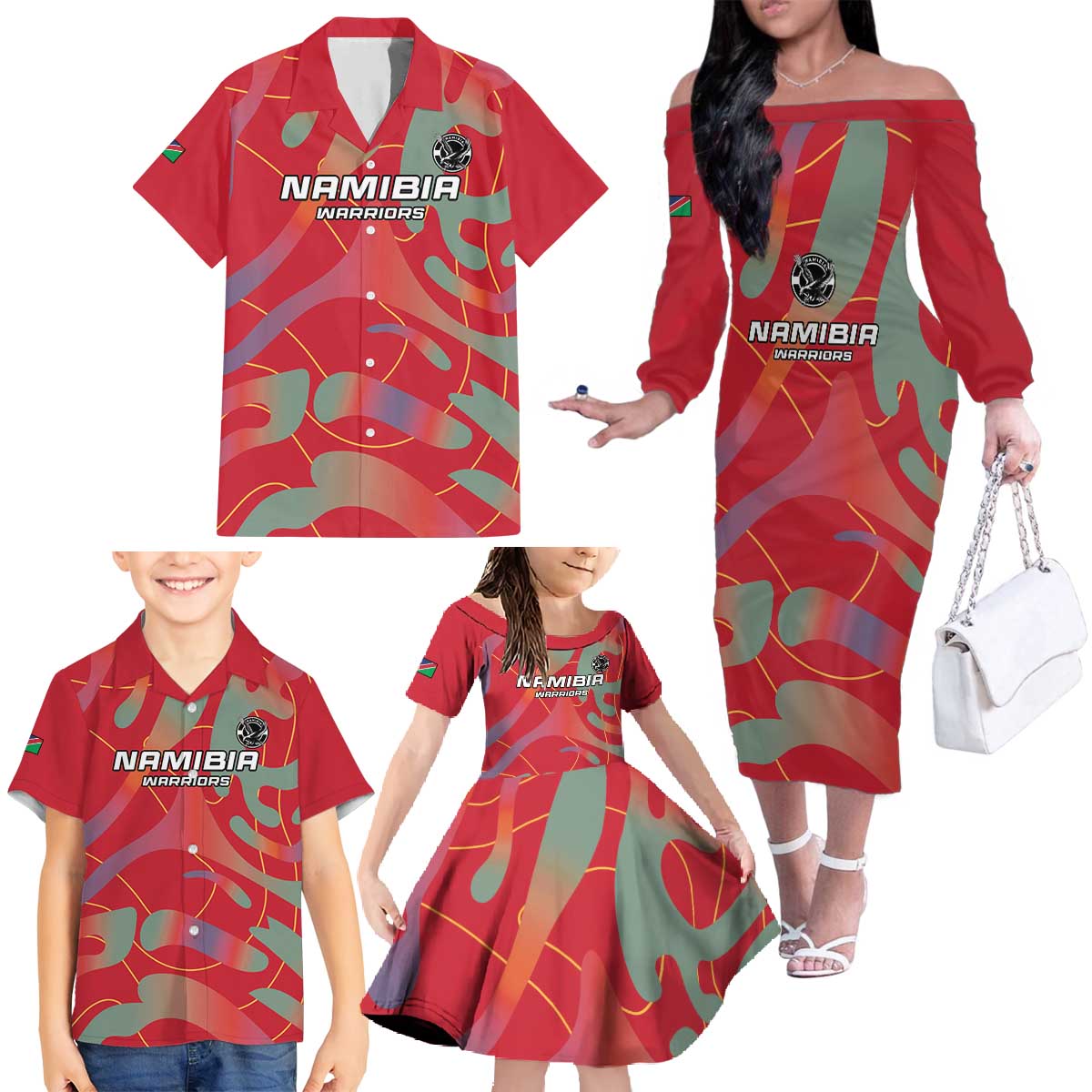 Custom Namibia Football Family Matching Off The Shoulder Long Sleeve Dress and Hawaiian Shirt Go Namibia Warriors - Wonder Print Shop