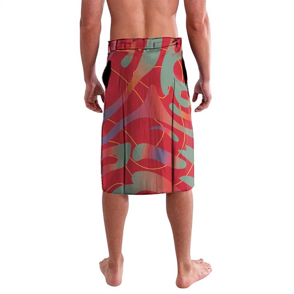 Red patterned lavalava with elastic waistband, side seam, and “YOUR TEXT 15” design