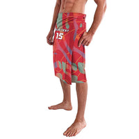 Red patterned lavalava, knee length, elastic waistband, “YOUR TEXT 15” front print