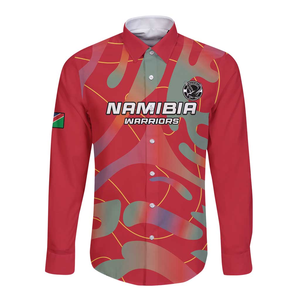 Red long-sleeve button football shirt with Namibia Warriors front graphic