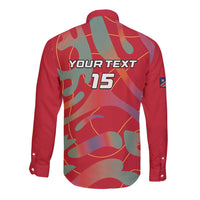 Red long-sleeve button football shirt with back YOUR TEXT and 15, flag patch