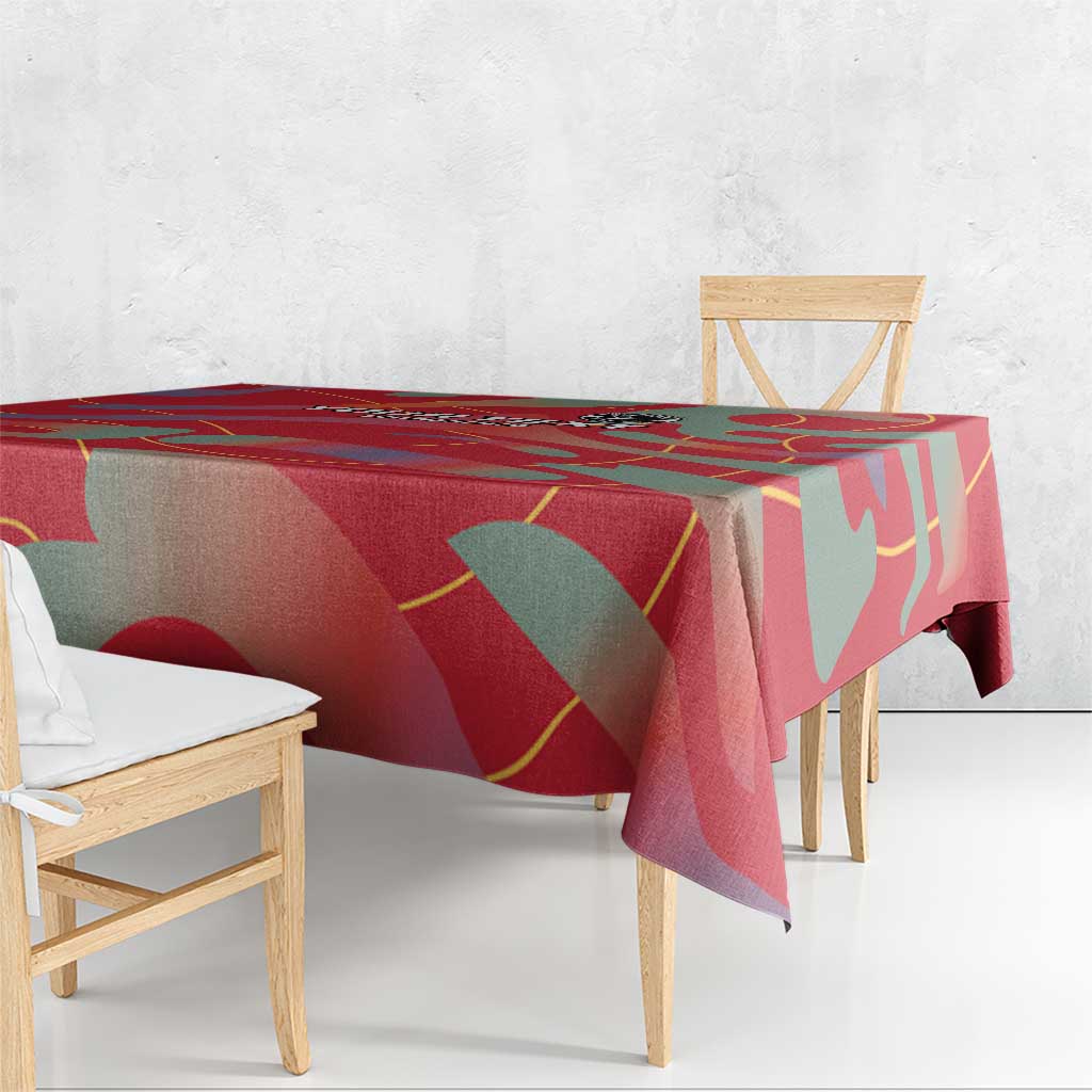 Red abstract football tablecloth with draped edge and bold graphic sections