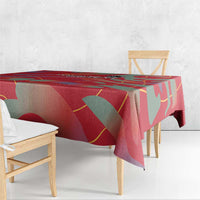 Red abstract football tablecloth with draped edge and bold graphic sections