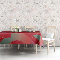 Red football tablecloth with abstract shapes covering dining table with chairs