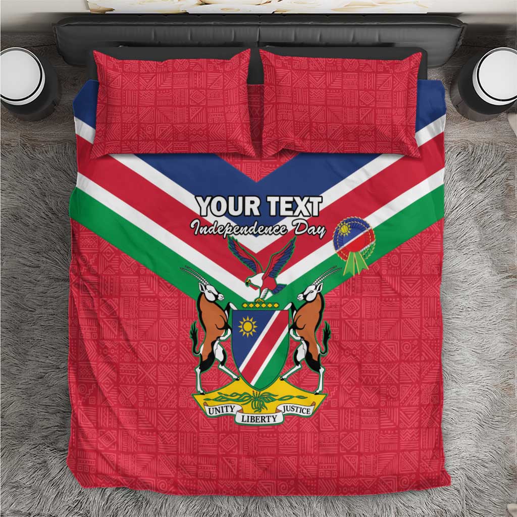 Red Independence Day bedding set with Namibia flag stripes and coat of arms, 2 pillows