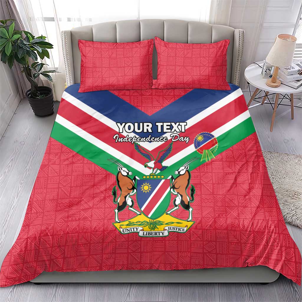 Red Independence Day bedding set with Namibia flag diagonal stripes, coat of arms, 2 pillows
