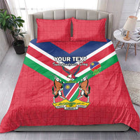 Red Independence Day bedding set with Namibia flag diagonal stripes, coat of arms, 2 pillows