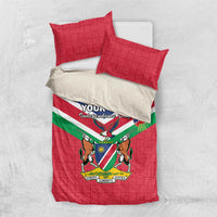 Red Independence Day bedding set, duvet and two pillows with Namibia flag and coat of arms