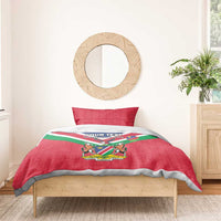 Red Independence Day duvet with Namibia flag stripes and coat of arms, with 2 pillows