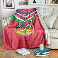 Personalized Namibia Independence Day blanket in red with Namibia coat of arms and flag map